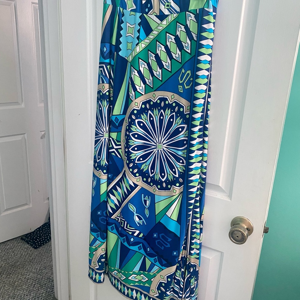 Chicos blue/green elastic waist skirt with side slit
